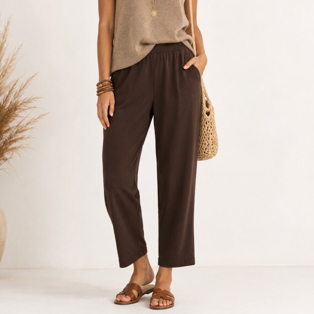 Susan Graver Liquid Knit Pants Women's Size L Pockets Brown Office Casual Earthy